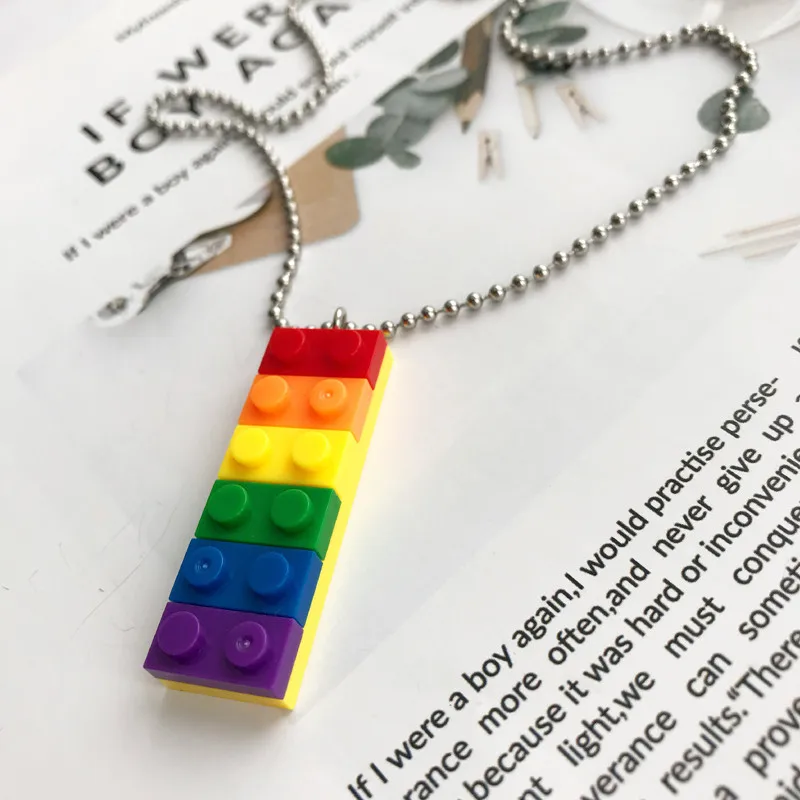 Stainless chain fashion Childlike Acrylic rainbow building blocks necklaces women creative novelty toy brick necklace men di129