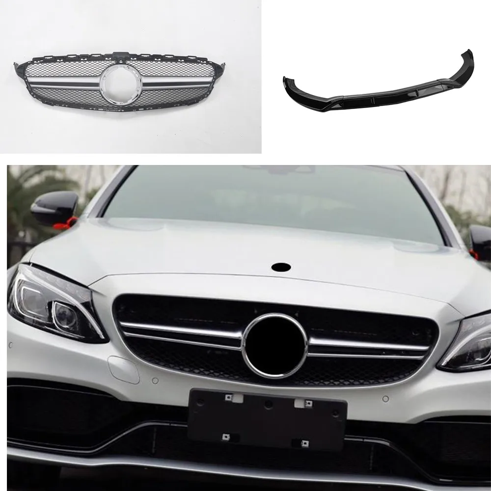 

For Mercedes Benz C-Class W205 Sport 2015-2018 Silver/Black Front Grille Grill+Gloss Black Lower Bumper Spoiler Splitter Lip Kit