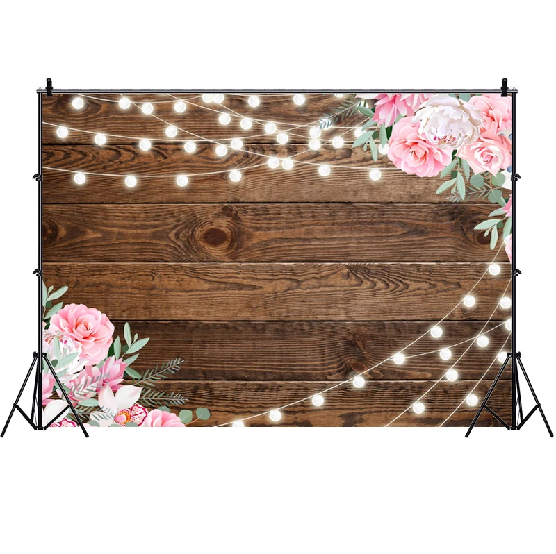 Rustikalen Floral Holz Hintergrund Für Baby Dusche Shiny Licht Braut Hochzeit Party Fotografie Hintergrund Foto Studio Requisiten Banner