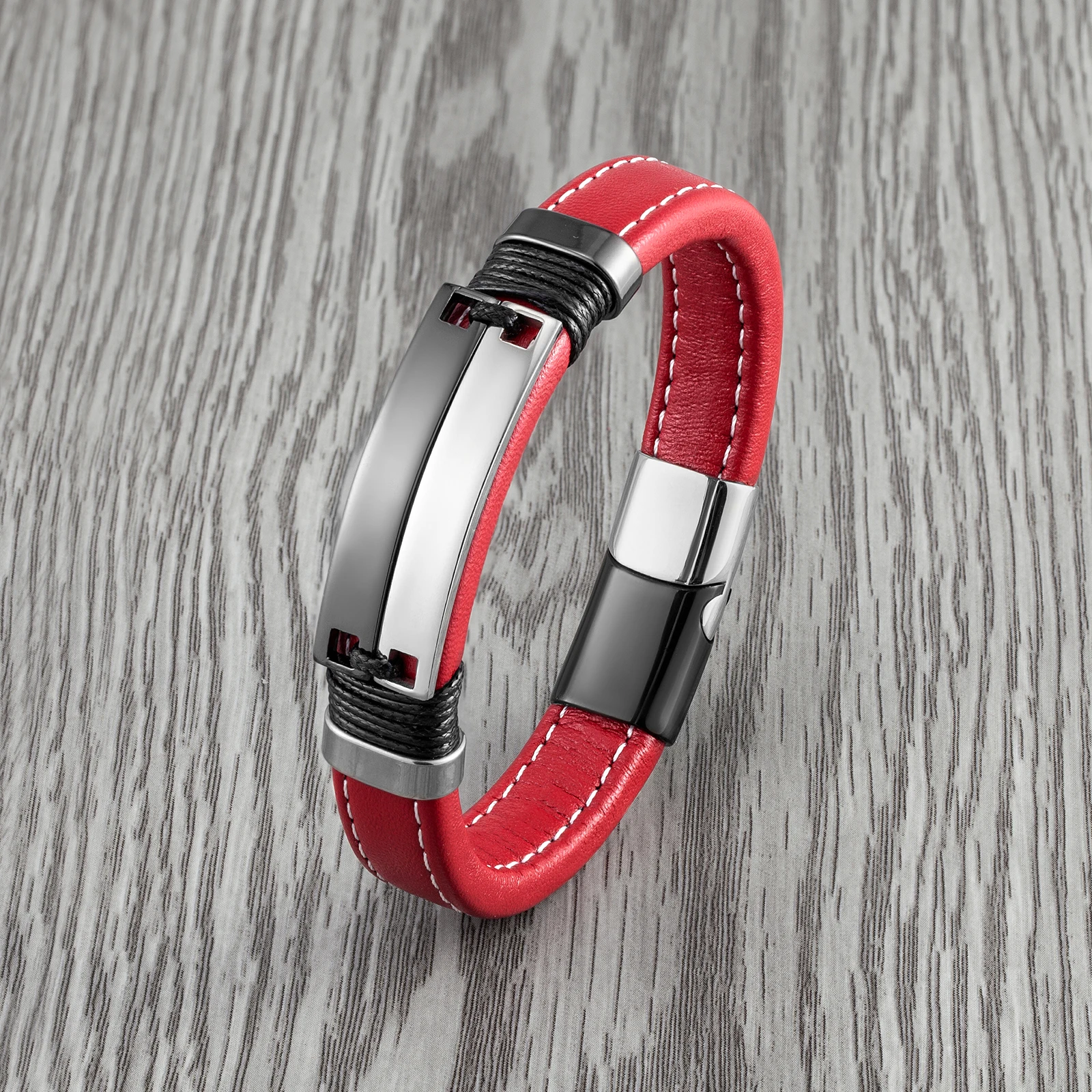 

2021 New Fashion Punk Style Double Row Smooth Multicolor Stainless Steel Men's Bracelet Charm Red Wide Leather Rope Bracelet