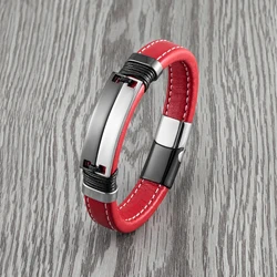 2021 New Fashion Punk Style Double Row Smooth Multicolor Stainless Steel Men's Bracelet Charm Red Wide Leather Rope Bracelet