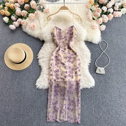 Summer Women's Dress 2025 Elegant V-neck Spaghetti Strap Floral Lace Hollow Out Midi Dress Sexy Blackless Evening Party Dress