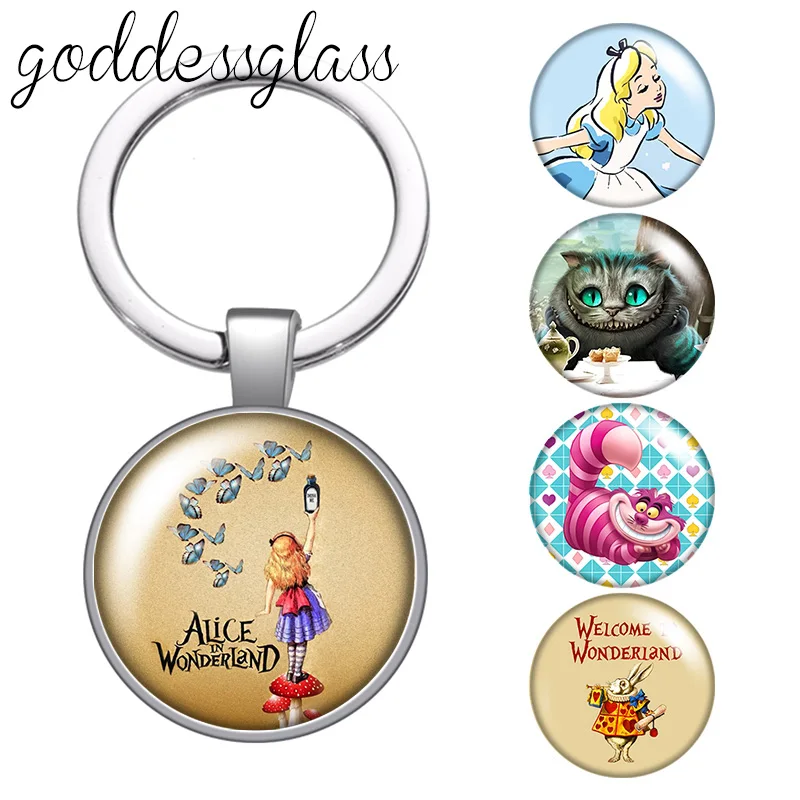 Disney Alice Cheshire cat white rabbit glass cabochon keychain Bag Car key chain Ring Holder Charms keychains gift