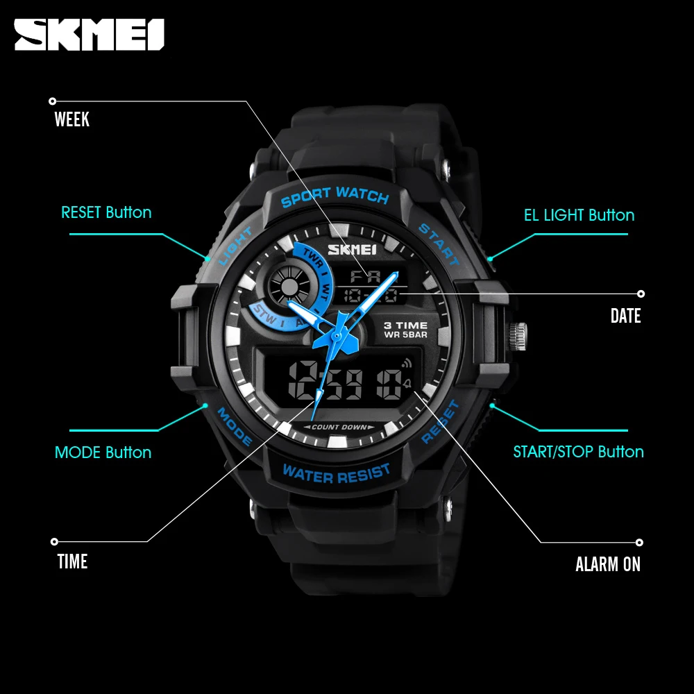 SKMEI Luxury Men Quartz Watch Military Chrono Sport Digital Wristwatch Outdoor Waterproof 3 Time Clock Male Relogio Masculino