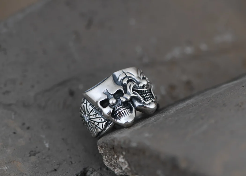 

National Standard S925 Silver Retro Skull Face Clown Silver Ring Men's Thai Silver Open Ring