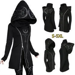 5XL Plus Size Halloween Medieval Women's Punk Style Print Long Sleeve Hooded Double Zipper Hoodies Long Black Hoodie