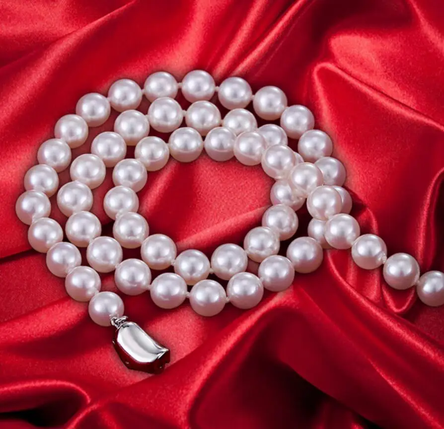 

Free shipping Fine JEWELRY natural white 9-10MM freshwater pearl necklace genuine pearl send mom 925 silver clasp