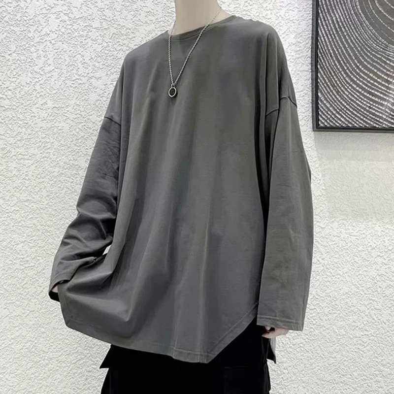 Irregular Loose Long Sleeve Men Tshirt Split Fork Fashion All-Match Solid Color Spring Summer Tops Oversized Japanese Streetwear