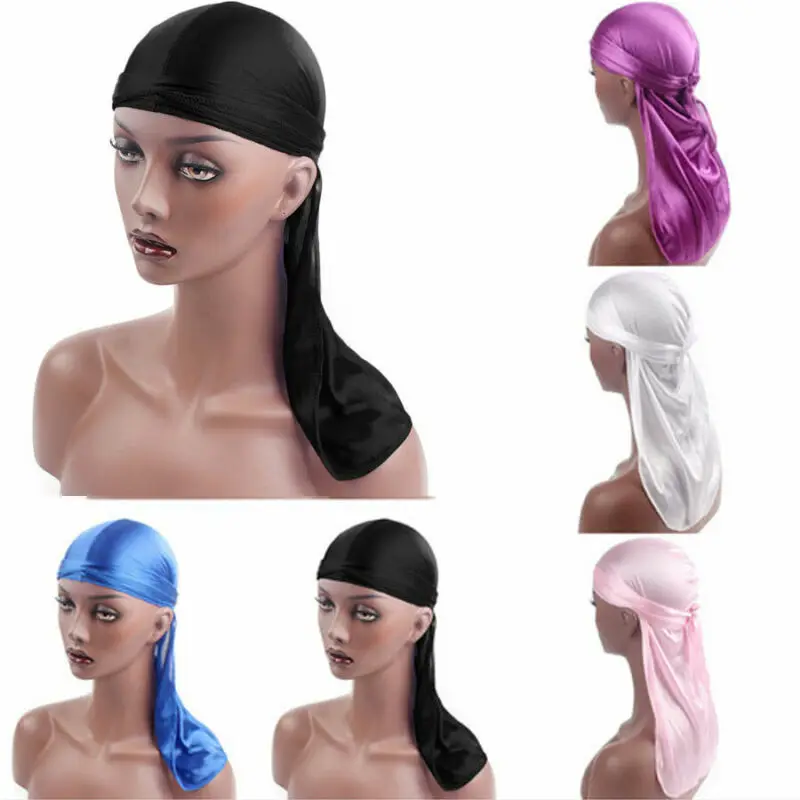 Unisex Long Silk Satin Breathable Turban Hat Wigs Durag Biker Headwrap Chemo Cap Pirate Hat Men Hair Accessories