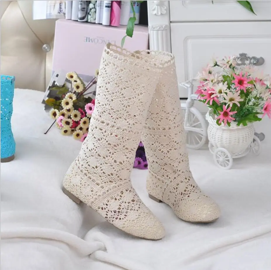 2024 women\'s summer boots high cut hollow lace boots ladies spring and summer fashion hollow boots hole shoes woven mesh boots