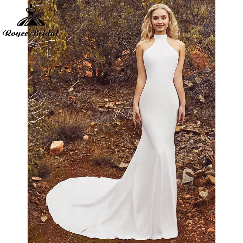 Vestido de novia de sirena con bufanda, prenda sencilla de satén con cuello Halter y espalda descubierta, corte sirena, 2022