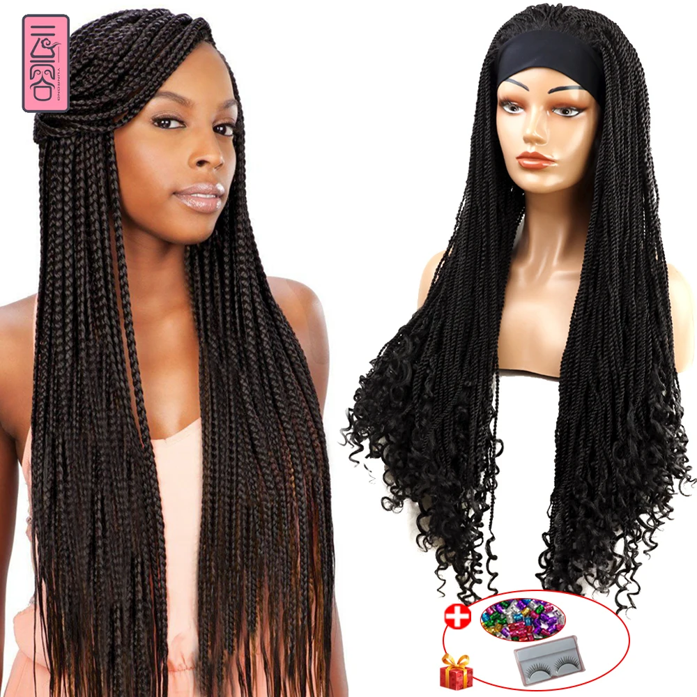 YunRong 34Inches Headband Wig with Curly Ends Senegalese African Braids Wigs Synthetic Cosplay Straight Turban Wig