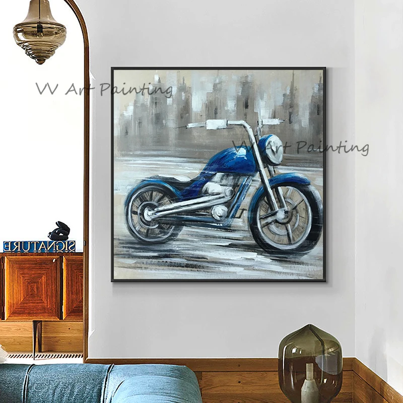 Motorcycle Graphic Abstract Canvas Painting, 100% Handpainted Contemporary Bike Art, Modern Man Cave Wall Decoration