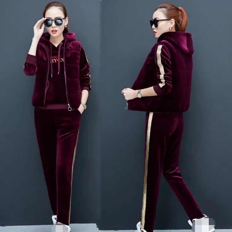 Woman Gold Velvet Casual Sportswear Suits Hooded Pullover Vest Thickening Warm Female Three Piece Sets Outdoor Fitness Winter