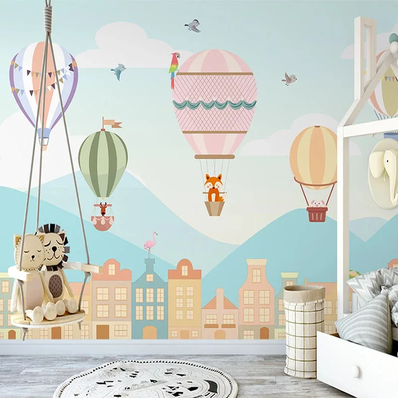 Custom Mural Wallpaper 3D Cartoon Village Hot Air Balloon Wall Painting Children's Bedroom Kindergarten Waterproof Wall Stickers