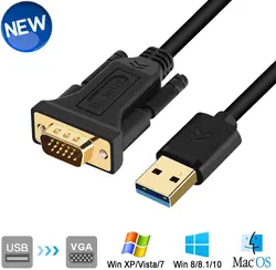 Kabel przejściowy USB na VGA 5FT kompatybilny z Mac OS Windows XP/Vista/10/8/7, USB 3.0 na VGA męski monitor 1080P wideo