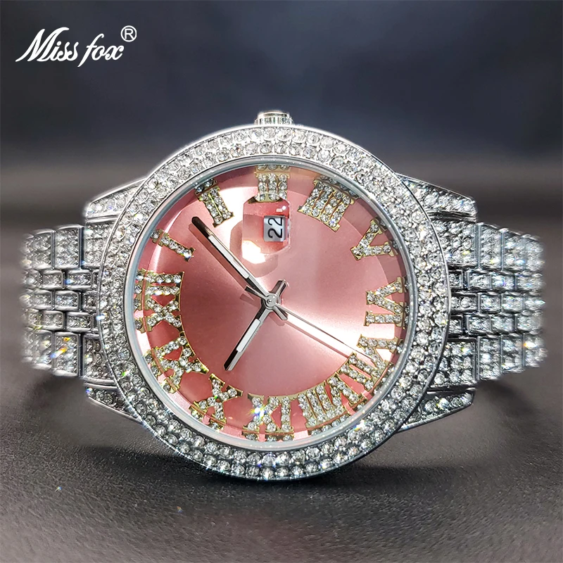 MISSFOX-Relógio de diamante gelado para mulheres, relógios vestido de festa rosa, estilo quente, presente surpresa para senhoras, diamante, luxo