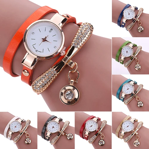 Moda feminina fina pulseira de couro falso relógio strass dial analógico relógio de pulso de quartzo com pingente de diamante com broca dial ladi