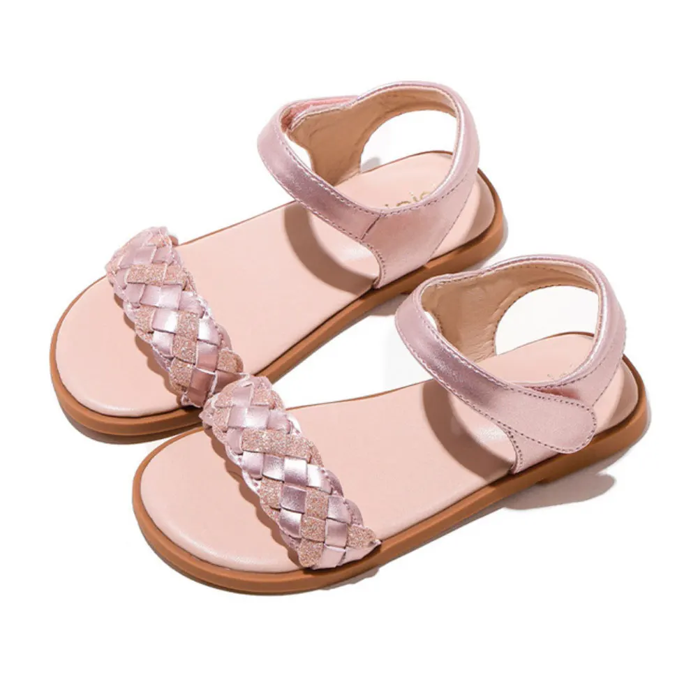 Toddler Girls Sandals Plaid Glitter Leather Shoes Kids Birthday Party Flats Shoes Baby Girls Princess Sandals Flower Girls Pink