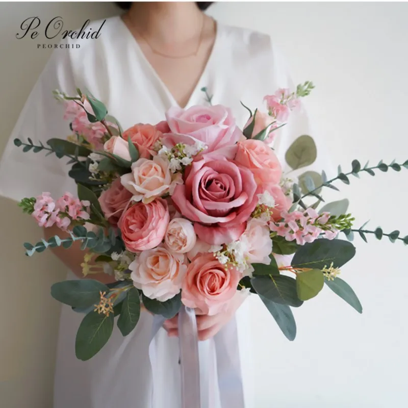 

PEORCHID Artifical Dusty Pink Wedding Bouquets Romantic Peonies Bridal Handmade Silk Rose Brides Hand Holding flowers Vintage