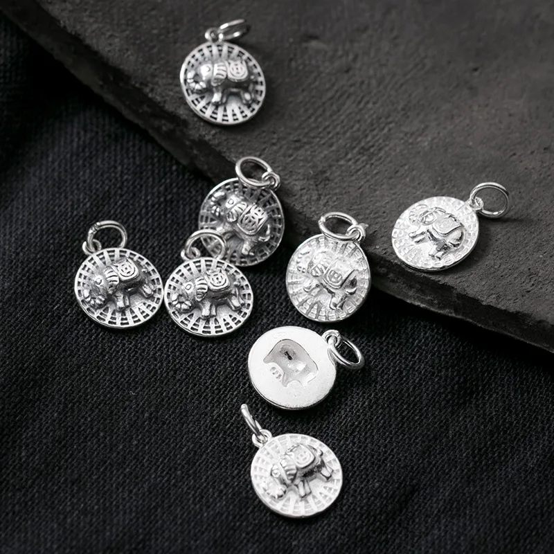 

1pc 925 Sterling Silver Fortune Coin Elephant Round Charms 14.5x12.5mm Cameo Handcraft Silver Pendants DIY Fine Jewelry Findings