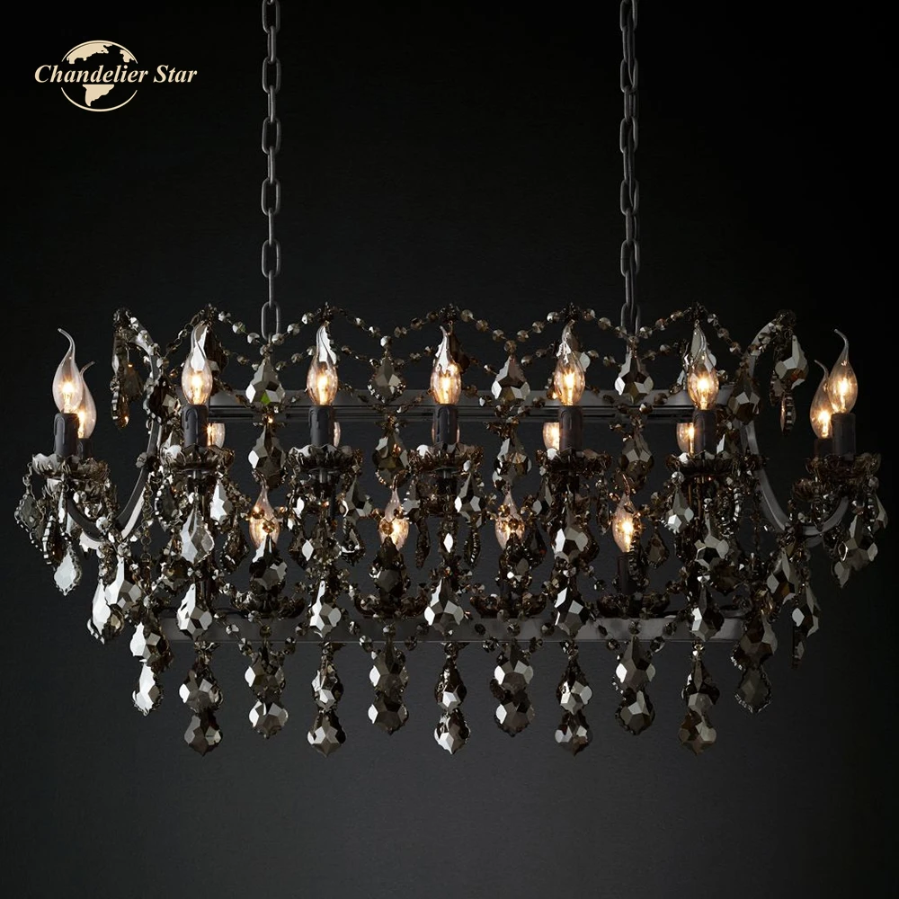 

19th C. Rococo Iron & Crystal Chandelier Rectangular LED Smoke Chandeliers Kitchen Island Dining Room Hanging Lights