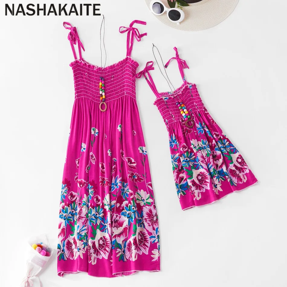 NASHAKAITE Mommy and me clothes Rainbow Sling Dress Bohemia Beach Mother daughter dresses Family Look Contains necklace Gift