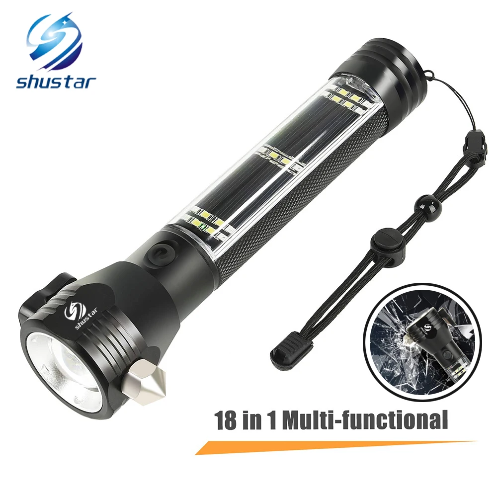 USB Rechargeable Solar LED Flashlight Multi-function Emergency Torch Safety Hammer Mobile Power Compass for Outdoor Activities