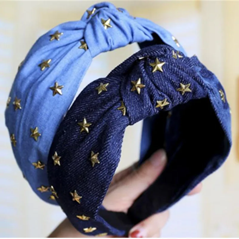 Metal Stars Denim Headbands for Women Hair Accessories Top Knot Denim Headband Adults Solid Hairband Bow Not Slip Head Hoop