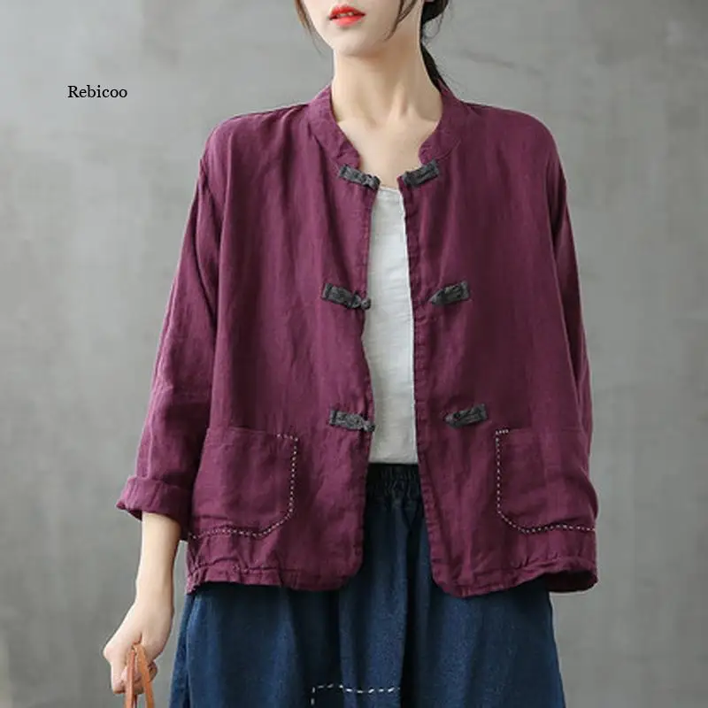 

Women Chinese Style Long Sleeve Shirts and Tops for Women Stand Embroidery Linen Blouses Spring New Button Shirts