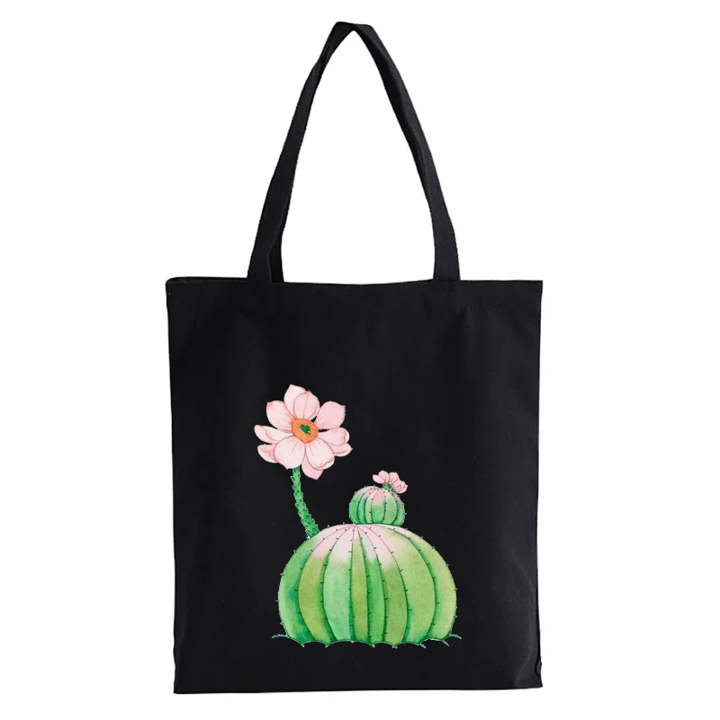 Bolso de compras reutilizable con estampado de Cactus para mujer, bolsa de lona con estampado de dibujos animados, ecológico, bolso de hombro plegable