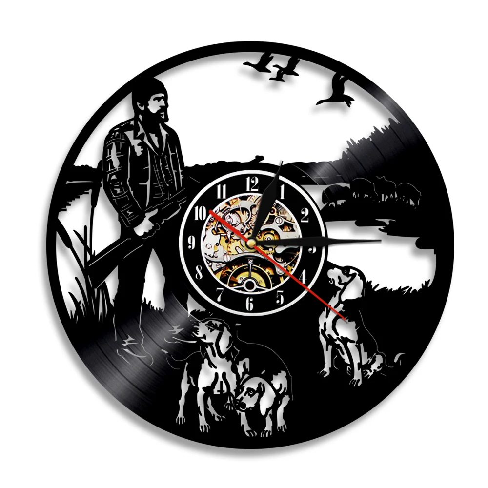 Hunter Rifle Dog Nature Vinyl Record Wall Clock Decor Hunting Shot Hobby Art Hanging Watch Time Clock Cynegetics Courser Gift