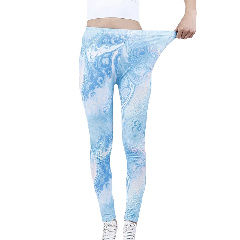 CUHAKCI New Women Casual Elastic Ink Floral Light Blue Push Up Stretch Leggings Long Trousers Stretchy Pants HOT Dropshipping