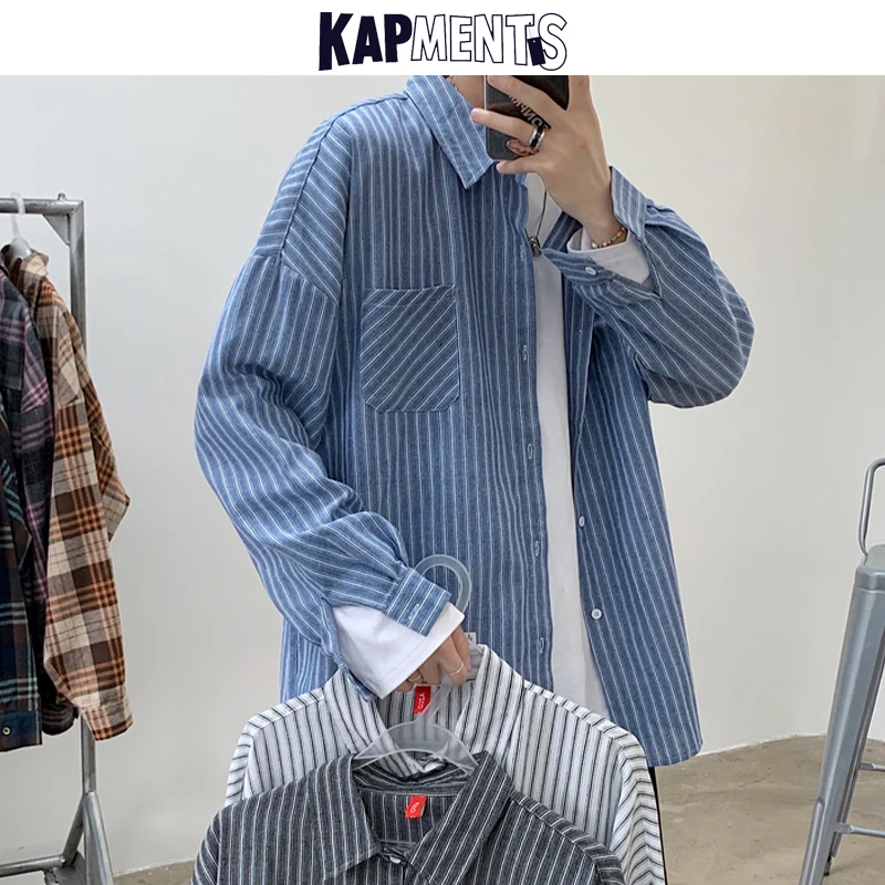 

KAPMENTS Men Long Sleeve Pockets Striped Shirts 2023 Mens Korean Fashions Spring Harajuku Shirt Vintage 3 Colors Casual Blouse