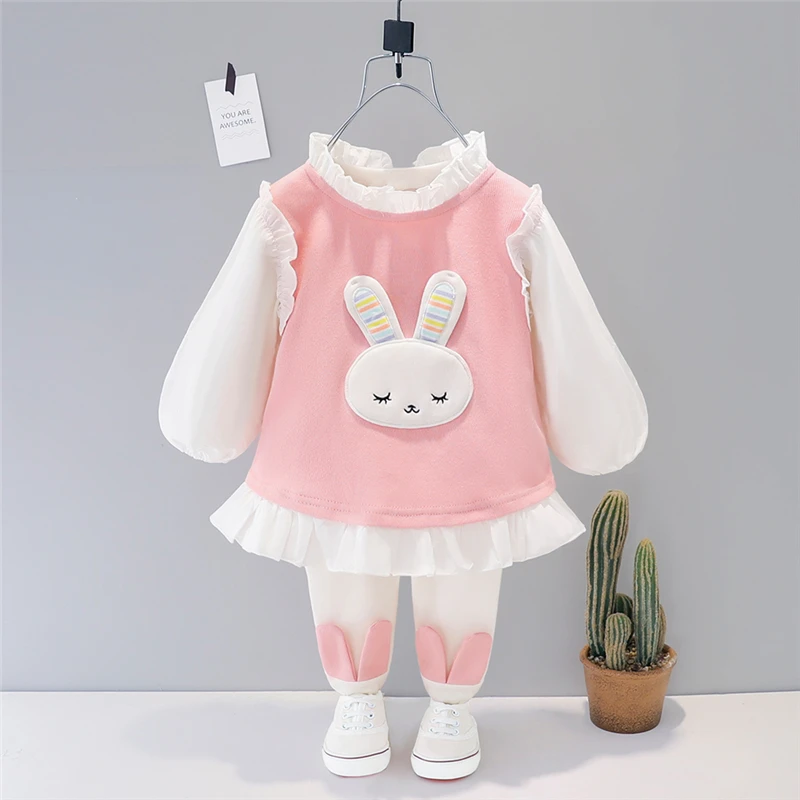 Girls Clothing Sets Spring Autumn Baby Rabbit Lace T Shirt Pants Children Kids Clothes Cartoon Toddler Infant Casual Outfit