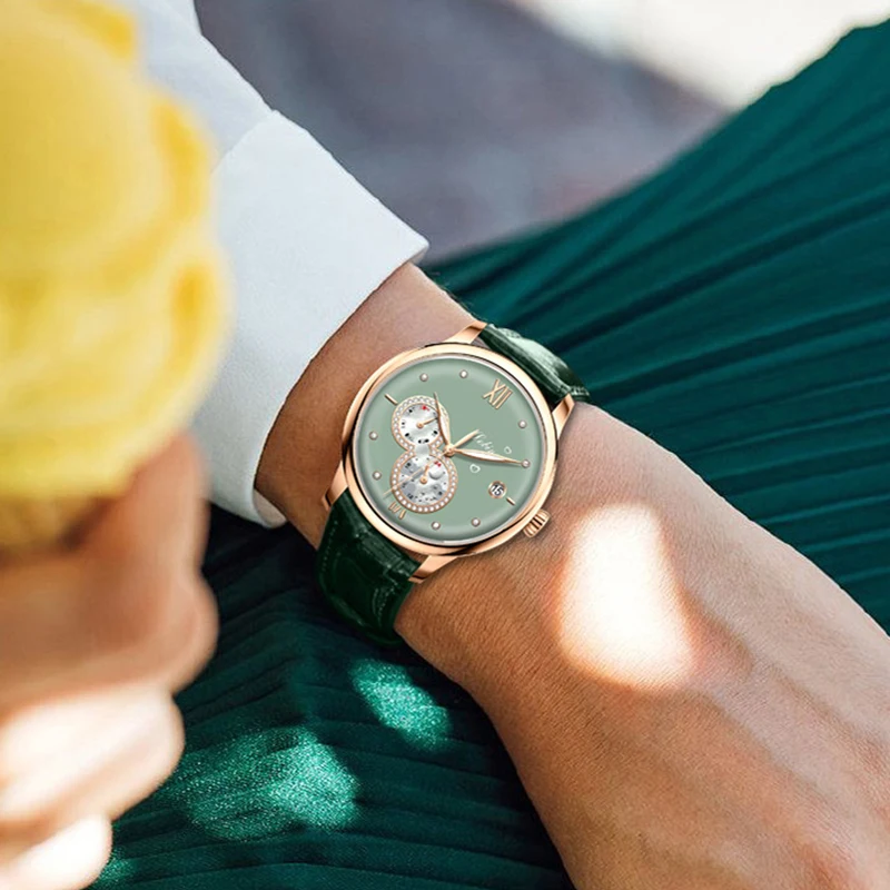 LOBINNI New Elegant Women Watch Automatic Mechanical Watch Date Week Waterproof Ladies Wristwatch Luminous Hands Female Clock