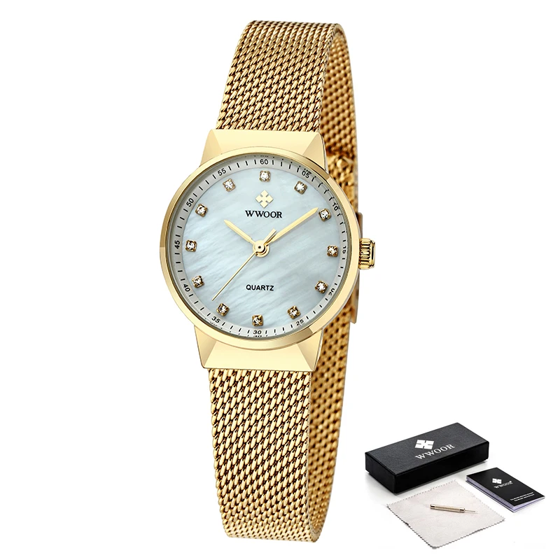 

WWOOR Luxury Gold Watches For Women Exquisite Bracelet Watch Top Brand Stainless Steel Casual Quartz Watch Female Analog Clock