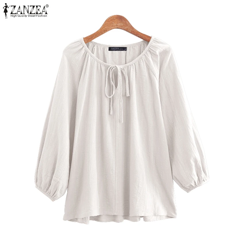 Frauen 2023 Sommer Blusen ZANZEA Solid Puff Sleeve Tops Weibliche Vintage Baumwolle Hemd Casual Kordelzug O Neck Blusa Oversize