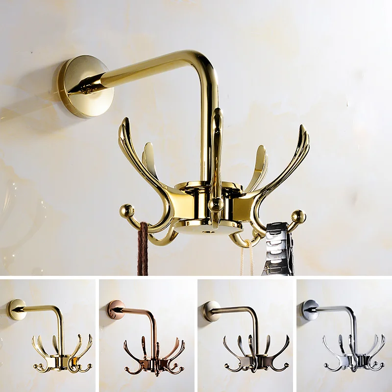 Gold Robe Hooks Wall Mounted & Ceiling Type Nail Punched Bedroom Wardrobe Clothes Rack 5 Hooks Rotatable Bath Hardware Antique