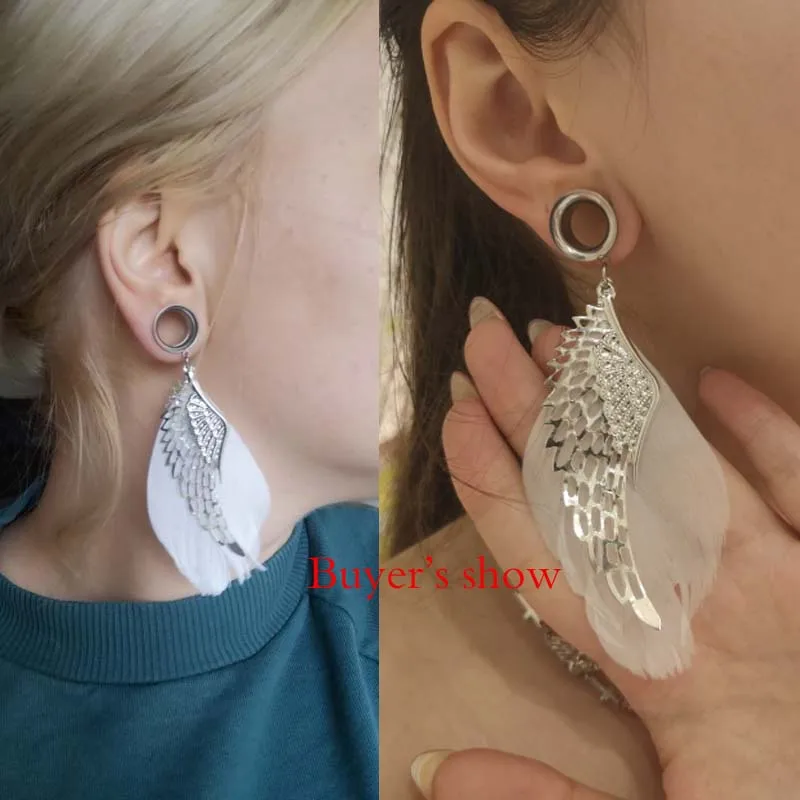 1 Pair Ear Tunnel Plug Stainless Steel Ear Gauges Flesh Piercing Feather Wing Pendant Ear ExpanderEar Reamer  Expansores Oreja