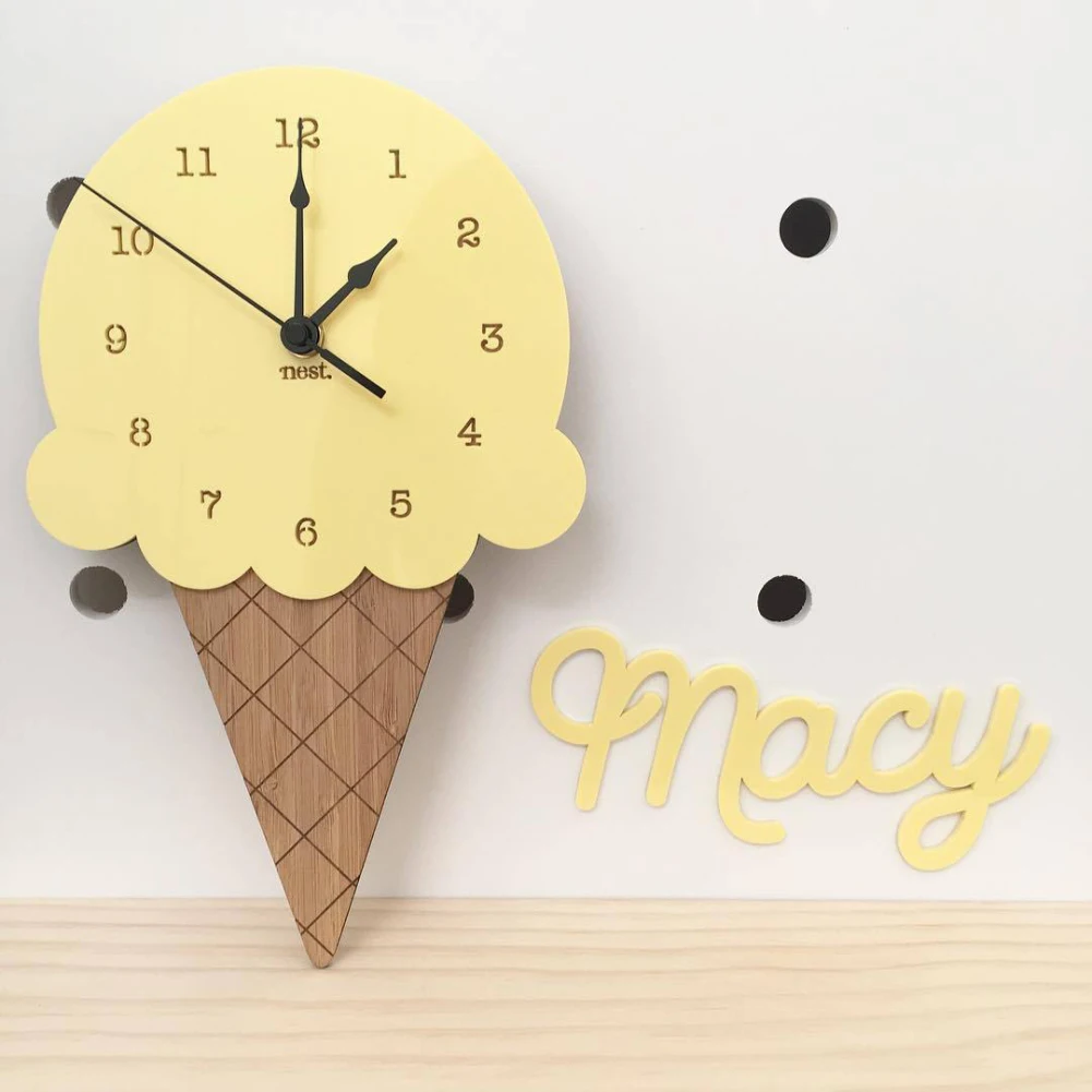 Nordic  Style Ice Cream Sharped Wall Hanging Clock Cartoon Silent Non-Ticking Battery Powered Home Living Room Office Decor