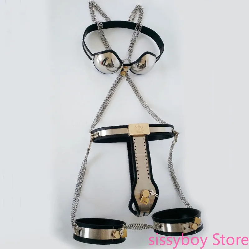 (chastity Belt Pants+bra+thigh Ring) 3pcs Stainless Steel Male Chastity Device with Cock Cage Bondage Set for Men Penis BDSM