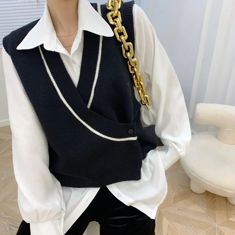 

Women's Fashionable Matching Sets Solid V-Neck Knitting Vest Oversized Size Solid White Shirt Two Piece Set Autumn Spring 2021