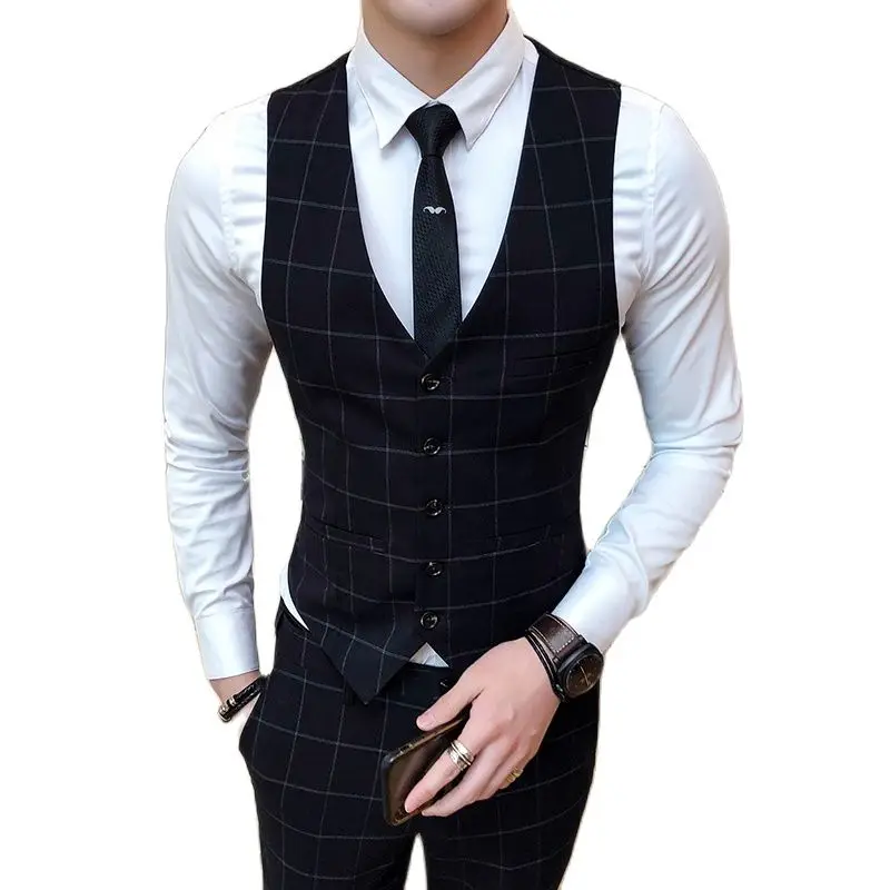 Fashion Brands Male Suit Vests Business Wedding Dresses Tops Men Slim Fit Male Casual Grid Waistcoat Size S-4XL