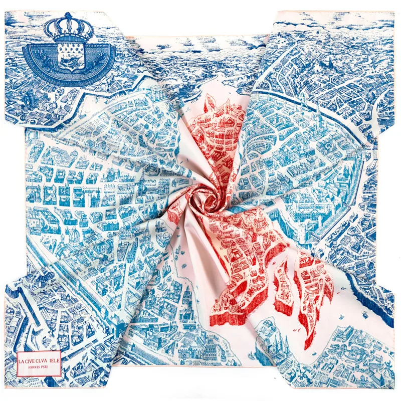 POBING Manual Hand Rolled Twill Silk Scarf Women Horse Map Square Scarves Echarpes Foulards Femme Wrap Lady Bandana Hijab 90CM