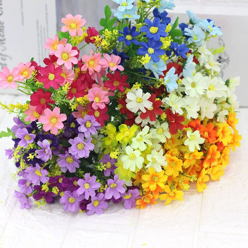 

One Bouquet 7 Branch 28 Heads Cute Silk Daisy Artificial Decorative Flower DIY Wedding Flower Bouquet Home Room Table Decoration