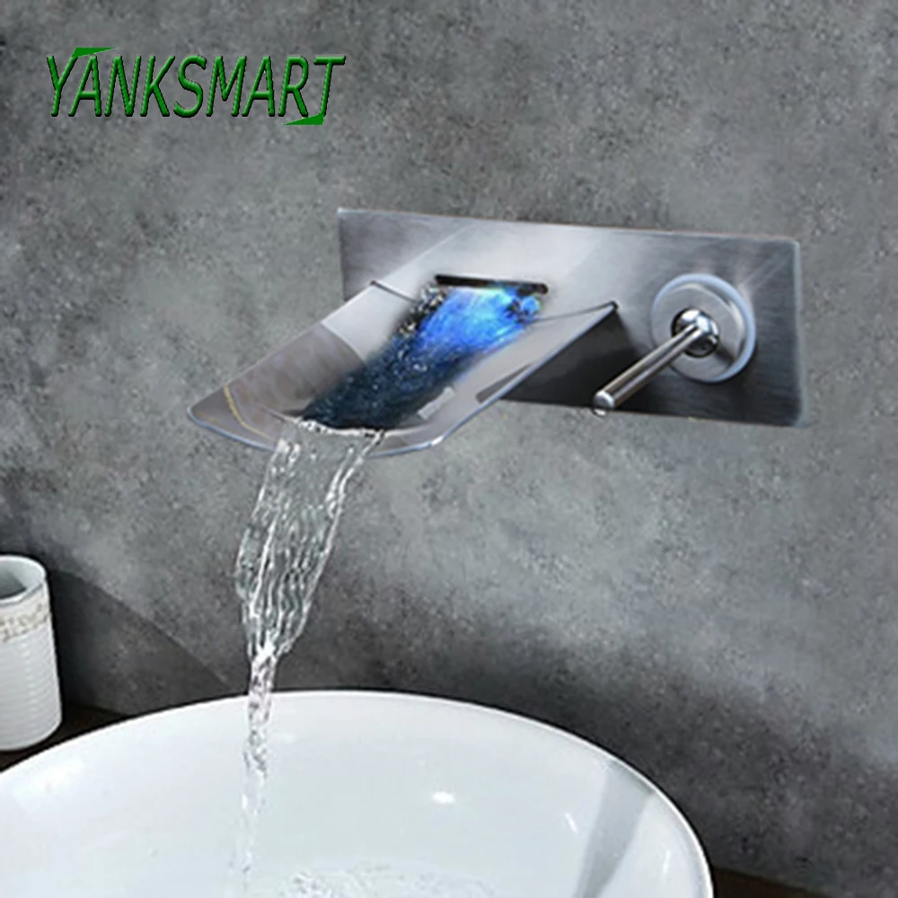 

YANKSMART LED Light Bathroom Nickel Brushed Solid Brass Faucet Waterfall Mixer Tap Wall Mounted Single Handle Basin Sink Faucets