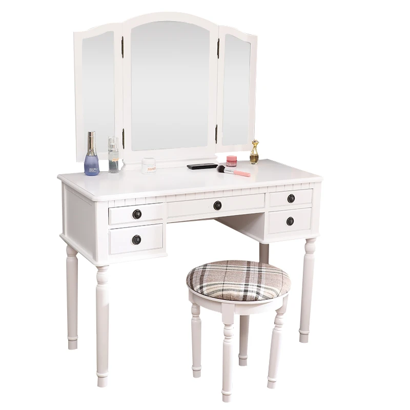 Dresser Three-Fold Square Mirror Drawers Roman Column Dressing Table White  With Dressing Stool White US Warehuse