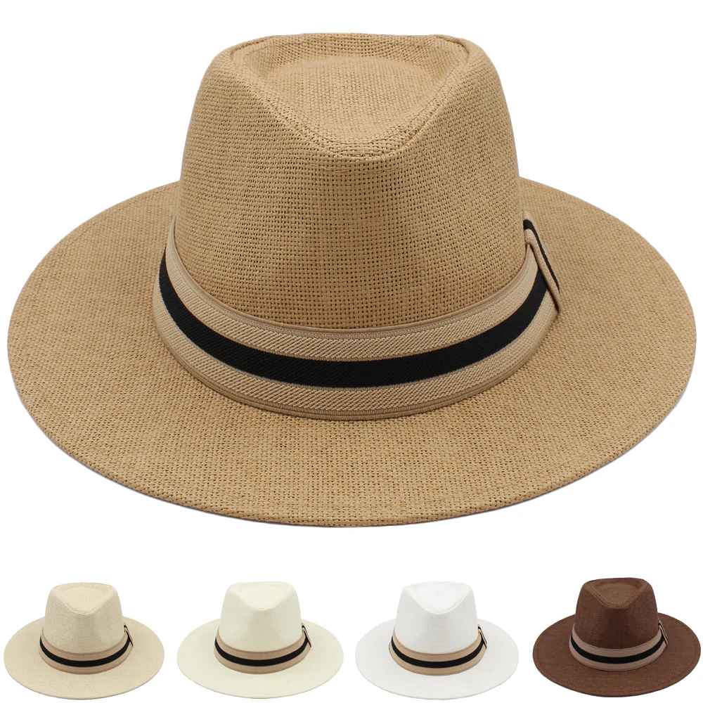 Men Women Straw Panama Hats Summer Wide Brim Bowtie Band Fedora Sunhats Trilby Caps Outdoor Beach Travel Size US 7 1/4 UK L