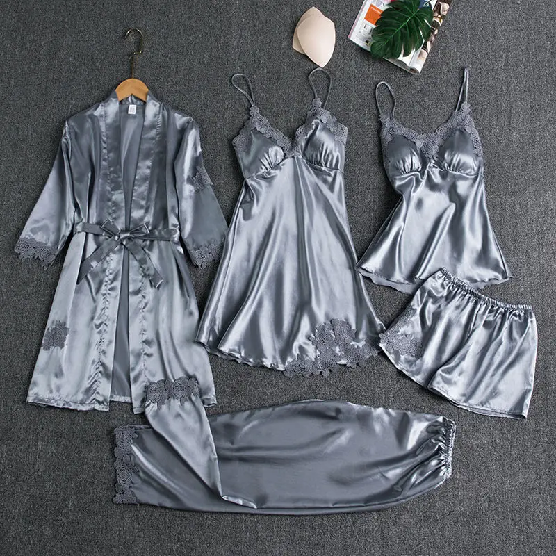 Sleepwear Female 5PCS Pajamas Set Satin Pyjamamas Lace Patchwork Bridal Wedding Nightwear Rayon Home Wear Nighty&Robe Suit